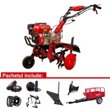 Motocultor H90 cu angrenaj fonta 82 kg 7 CP benzina 2+1 viteze cu roti cauciuc si pachet numarul 3 accesorii+prasitoare+remorca 400 kg ENERGO
