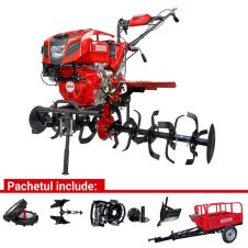Motocultor H135E cu angrenaj fonta 165 kg 13 CP benzina 2+1 viteze roti cu cauciuc si metalice 5-12+rarita+plug reversibil mic+remorca 400kg ENERGO