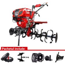 Motocultor H155E cu angrenaj fonta 173 kg 15 CP benzina 2+1 viteze cu roti cauciuc si metalice 5.00-12 si rarita/plug reversibil mic ENERGO