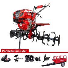 Motocultor H155E cu angrenaj fonta 173 kg 15 CP benzina 2+1 viteze cu roti cauciuc si metalice 5-12+rarita+plug reversibil mic+remorca 400kg ENERGO