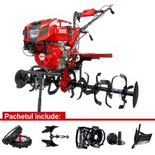Motocultor H135E cu angrenaj fonta 165 kg 13 CP benzina 2+1 viteze cu roti cauciuc si metalice 5.00-12+rarita+plug reversibil mic ENERGO