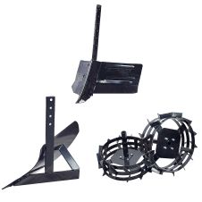 PACHET 3 ACCESORII MOTOSAPA ENERGO ZZ (ROTI METALICE 3.50 - 6 CU AX HEXAGONAL INCLUS SET 2 BUCATI, RARITA REGLABILA, PLUG ARAT PENTRU MOTOSAPA)
